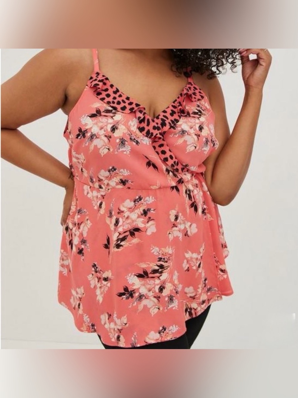 Torrid Coral Floral Ruffle Front Georgette Cami